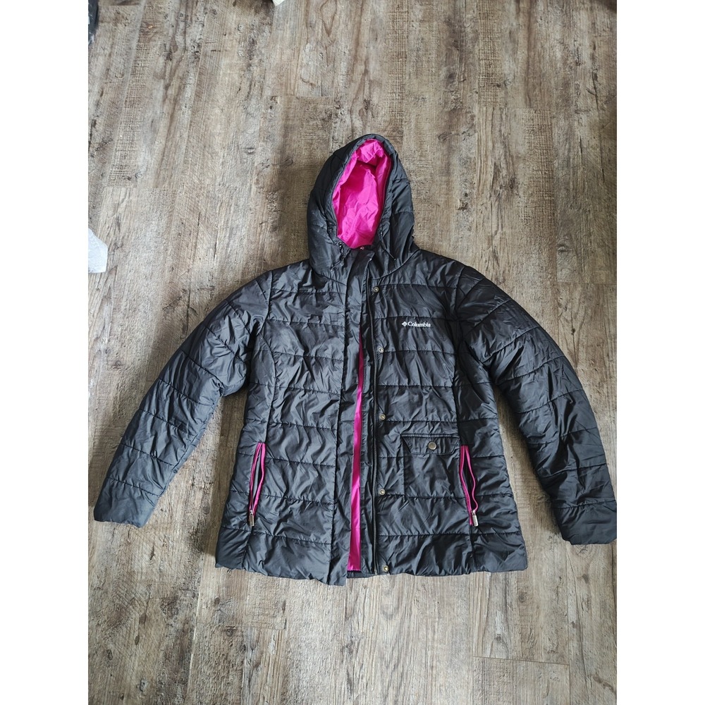 Women's Columbia Puffer Coat Large Black and Hot Pink Winter Jacket Full Zip